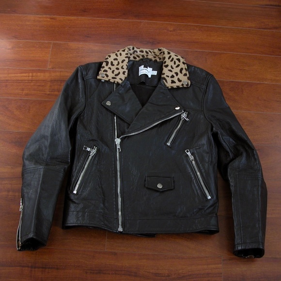 TOPMAN Men’s Leather Biker Jacket with Leopard Collar Mens M Motorcycle - Picture 10 of 10